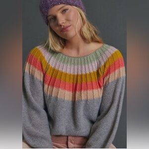 ANTHROPOLOGIE Colleen Multi Striped Knit Metallic Strand Crewneck Crop S